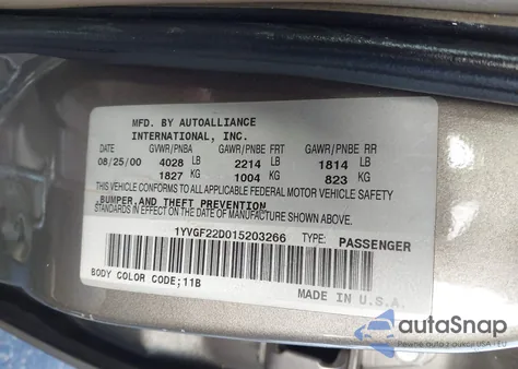 2001 Mazda 626 Es V6/Lx V6 z USA, uszkodzony, nr VIN 1YVGF22D015203266